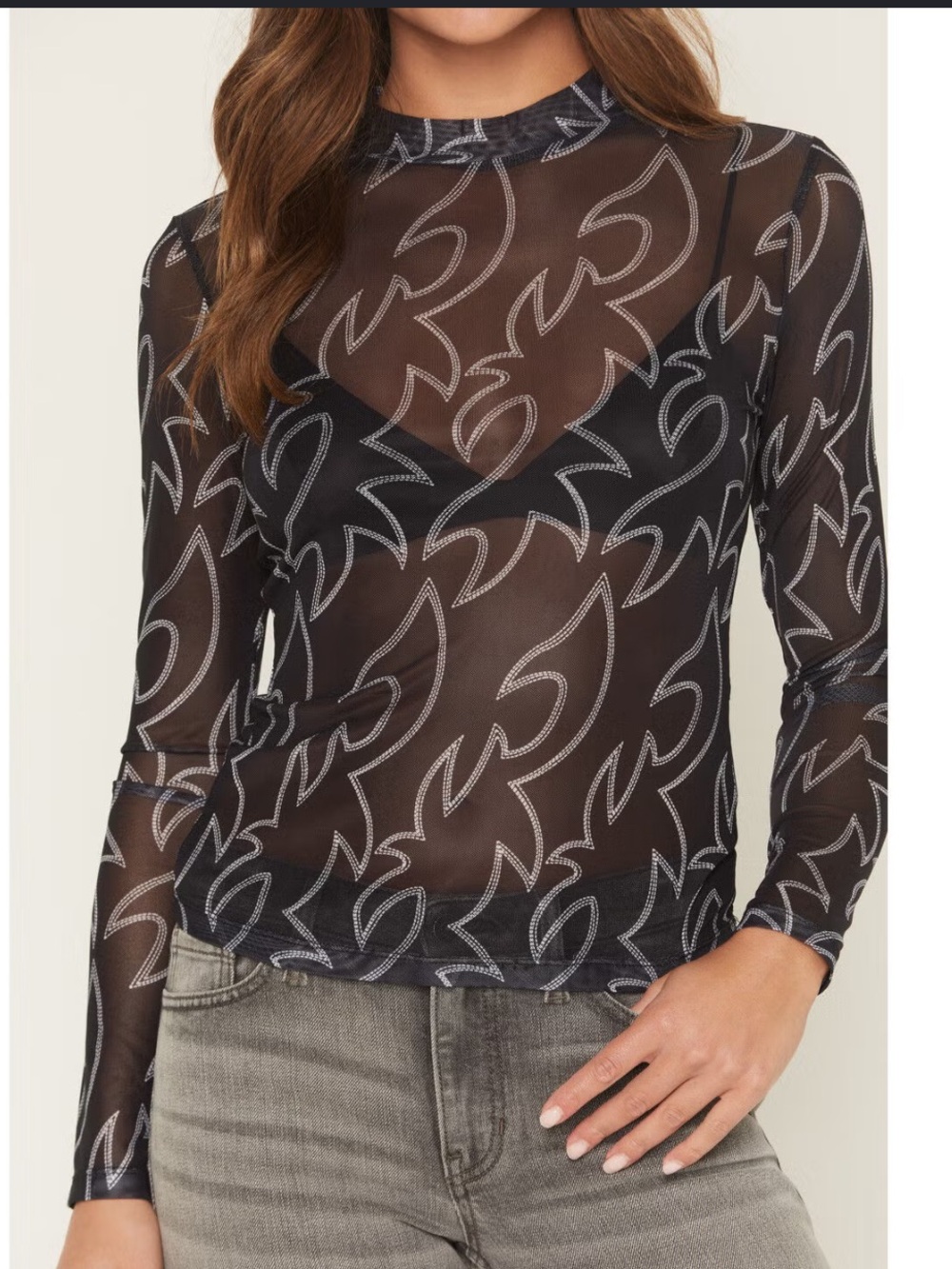 NWT blue b Sheer Black Long-Sleeve Mesh Top with Contrast Stitching